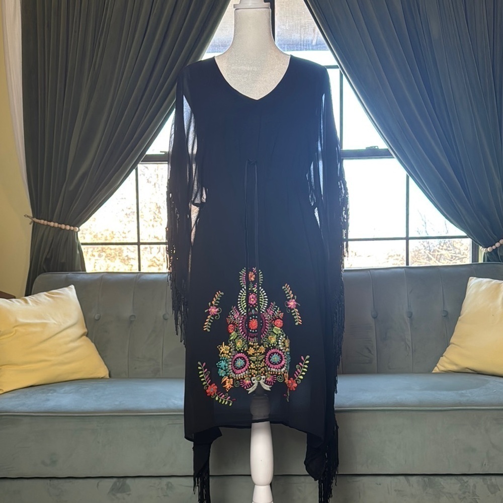 Anthropologie Uncle Frank Black Embroidered Festival Boho Fringe Dress - Picture 3 of 9